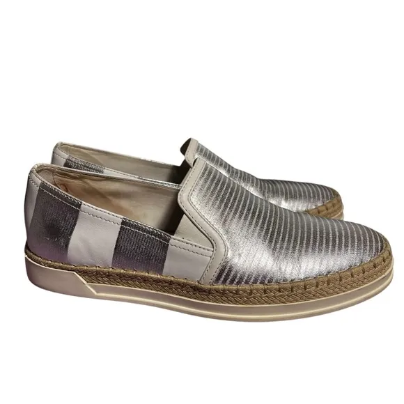 TOD's Women's Shoes Silver &amp; White Leather Espadrille Slip on Size 36.5