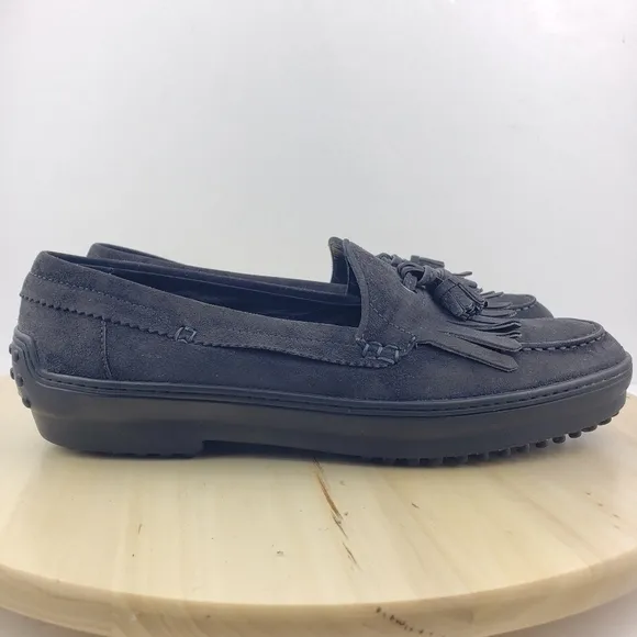 Tod's Women's Suede Fringe and Tassel Driving Loafer Slip On Shoe Size 40.5 Gray
