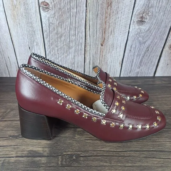 Tory Burch 55mm Studded Loafer Block Heel Slip On Women's Sz 9 Royal Burgundy