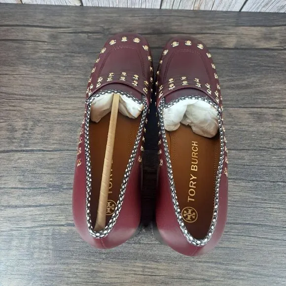 Tory Burch 55mm Studded Loafer Block Heel Slip On Women's Sz 9 Royal Burgundy