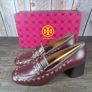 Tory Burch 55mm Studded Loafer Block Heel Slip On Women's Sz 9 Royal Burgundy