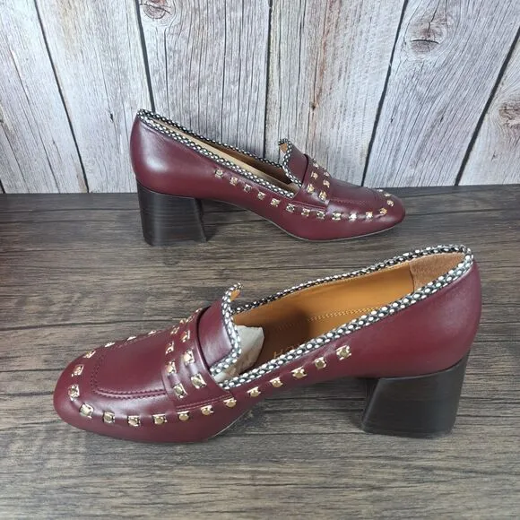 Tory Burch 55mm Studded Loafer Block Heel Slip On Women's Sz 9 Royal Burgundy