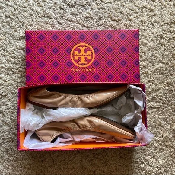 Tory Burch Eddie  Leather Goan Sand Cream Tan Ballet Flat Size 7.5