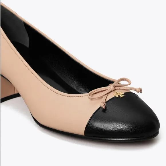 Tory Burch Size 11 Cap-Toe 2 Inch Heel Pump Black Size 10 Tan Beige Gold Logo TT