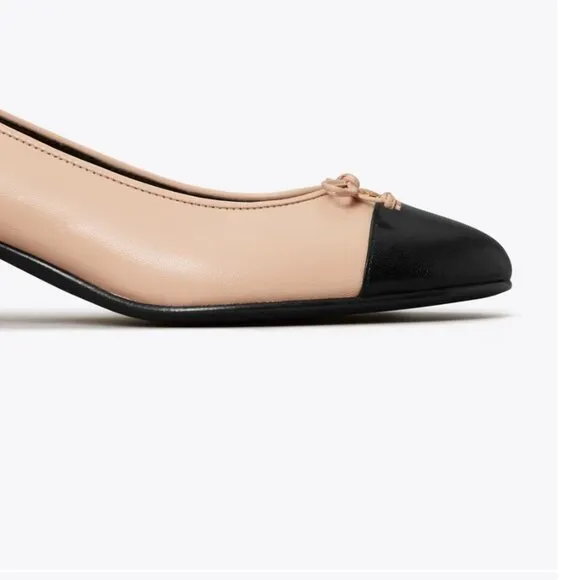 Tory Burch Size 11 Cap-Toe 2 Inch Heel Pump Black Size 10 Tan Beige Gold Logo TT
