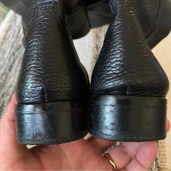 Tory Burch Women Leather Pebbled Black Gold Logo Tall Riding Zip Boots Size 5.5