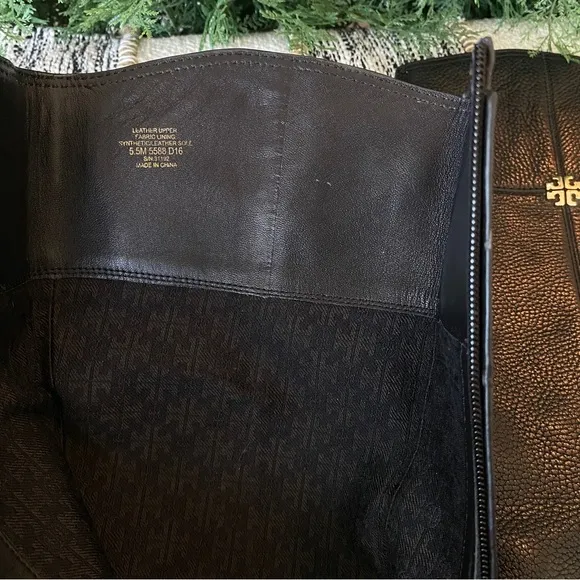 Tory Burch Women Leather Pebbled Black Gold Logo Tall Riding Zip Boots Size 5.5