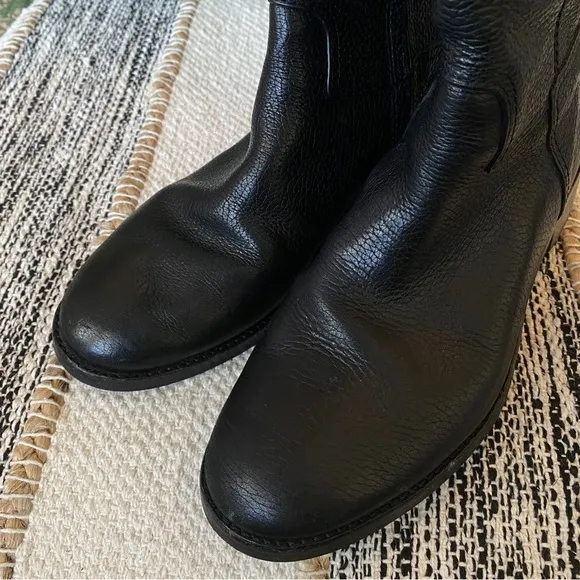 Tory Burch Women Leather Pebbled Black Gold Logo Tall Riding Zip Boots Size 5.5