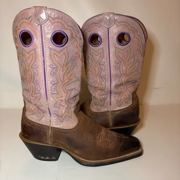 Twisted X Women 9 B Wide Pink Tan Leather Pull Holes Square Toe Boots 13”
