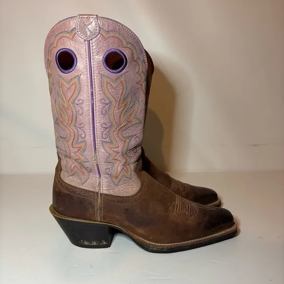 Twisted X Women 9 B Wide Pink Tan Leather Pull Holes Square Toe Boots 13”