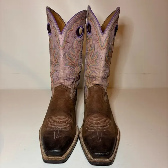 Twisted X Women 9 B Wide Pink Tan Leather Pull Holes Square Toe Boots 13”