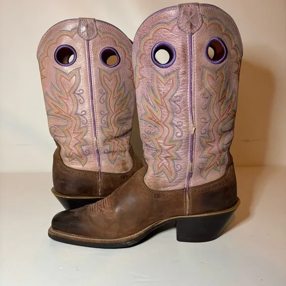 Twisted X Women 9 B Wide Pink Tan Leather Pull Holes Square Toe Boots 13”