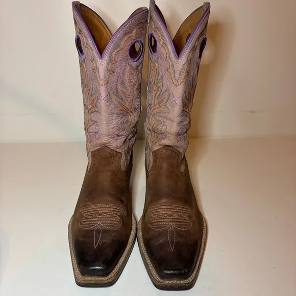 Twisted X Women 9 B Wide Pink Tan Leather Pull Holes Square Toe Boots 13”