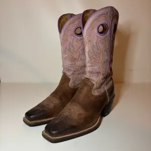 Twisted X Women 9 B Wide Pink Tan Leather Pull Holes Square Toe Boots 13”
