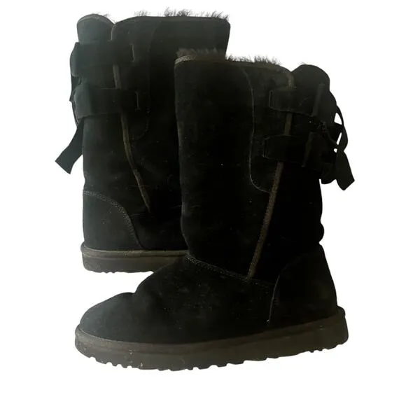 UGG Allegra Talk Bow II Boots •Women 9• Black Suede Round Toe Snow 1102931 EXC