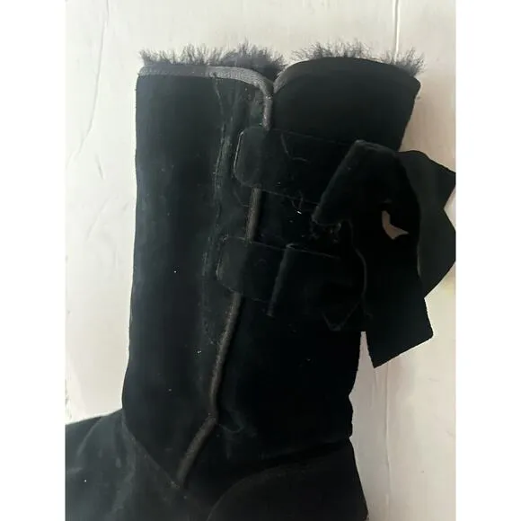 UGG Allegra Talk Bow II Boots •Women 9• Black Suede Round Toe Snow 1102931 EXC