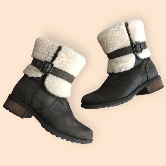 UGG Australia Blayre II Boot Brown Espresso Leather Sheepskin Cuff Women Size 6