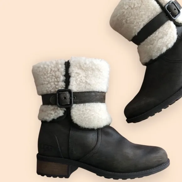 UGG Australia Blayre II Boot Brown Espresso Leather Sheepskin Cuff Women Size 6