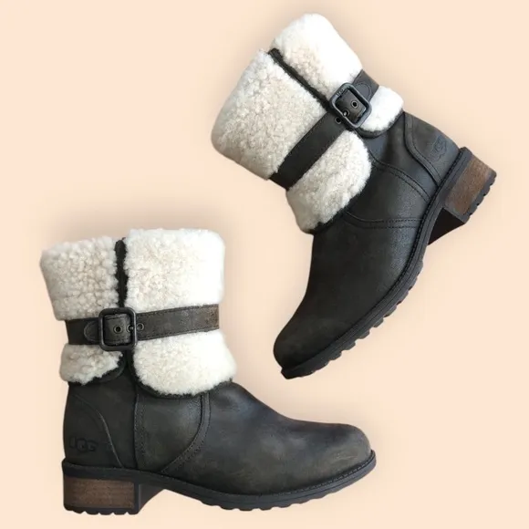 UGG Australia Blayre II Boot Brown Espresso Leather Sheepskin Cuff Women Size 6