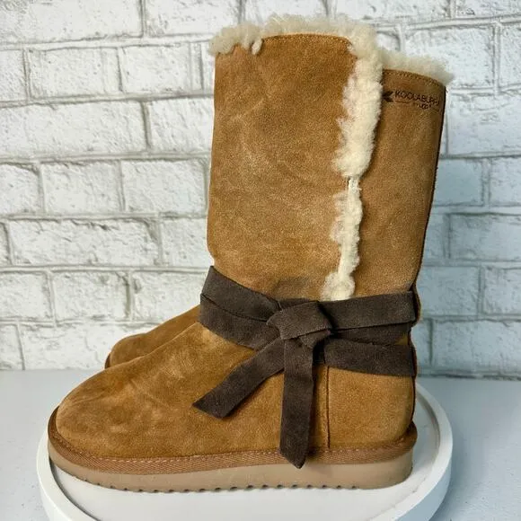 Ugg Boots Rozalia Koolaburra Tie Shearling Suede Leather Tall Chestnut Brown 8