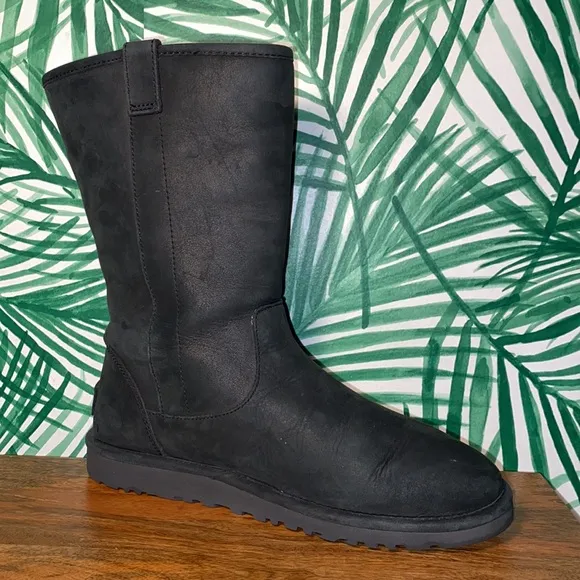 UGG Malindi Black Smooth Leather Fold Down Sheepskin Boots Women’s 9 1013007