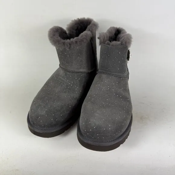 Ugg Mini Bailey Button II Snow Boots Women's 9 Gray Suede Pull On Round Toe