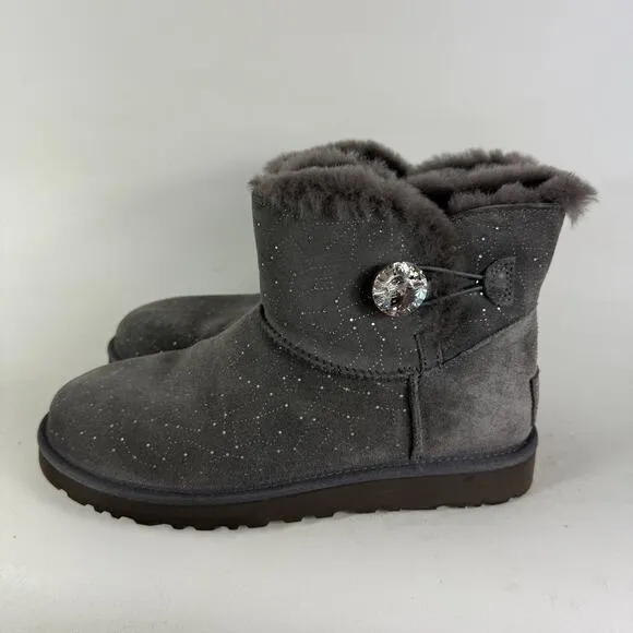 Ugg Mini Bailey Button II Snow Boots Women's 9 Gray Suede Pull On Round Toe