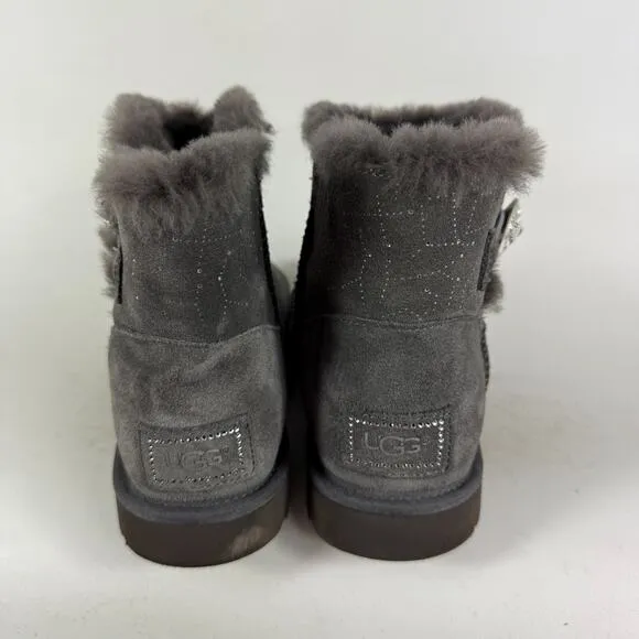 Ugg Mini Bailey Button II Snow Boots Women's 9 Gray Suede Pull On Round Toe