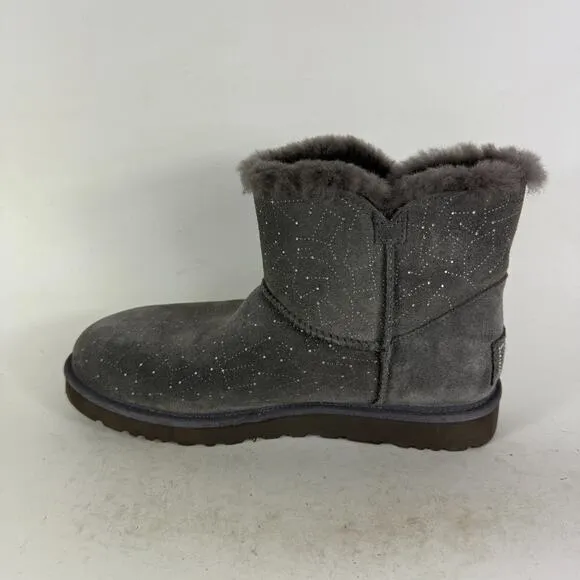 Ugg Mini Bailey Button II Snow Boots Women's 9 Gray Suede Pull On Round Toe