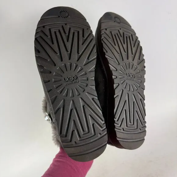 Ugg Mini Bailey Button II Snow Boots Women's 9 Gray Suede Pull On Round Toe
