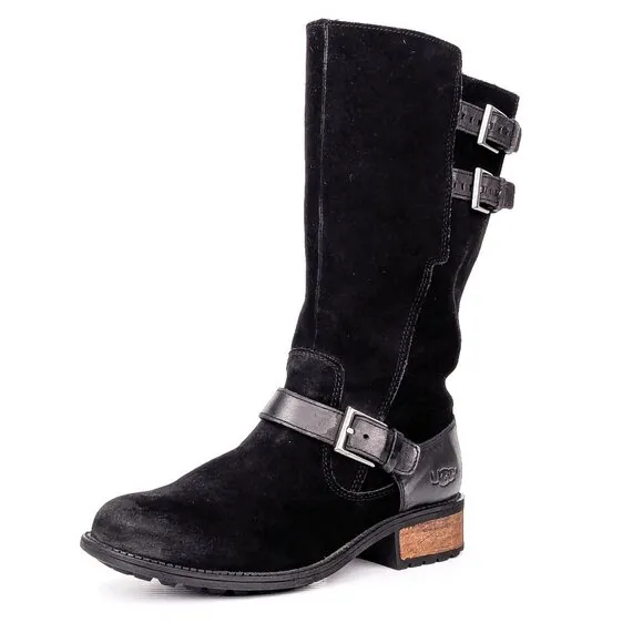 UGG Women Everglyde Black Suede Moto Biker Buckle Boots size 7.5