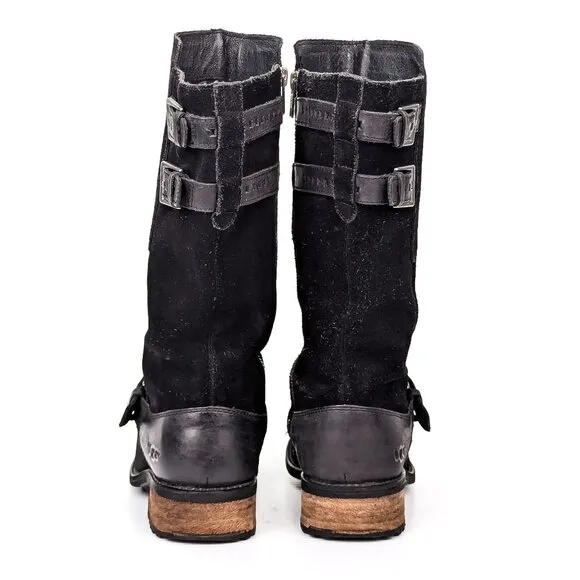 UGG Women Everglyde Black Suede Moto Biker Buckle Boots size 7.5