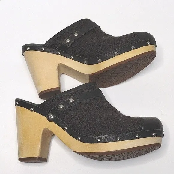 UGG Women's Abbie Studded Wooden Platform Slip On Leather Mule Clog Shoes US 11