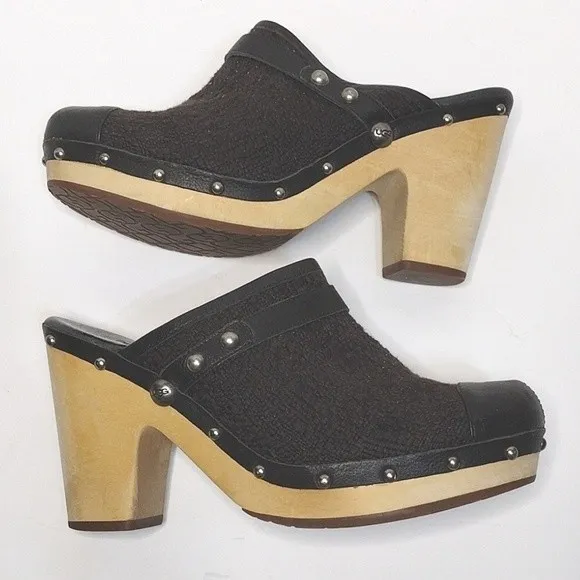UGG Women's Abbie Studded Wooden Platform Slip On Leather Mule Clog Shoes US 11