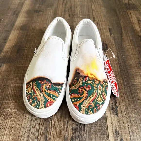 Vans Classic White Slip On Big Reveal Shoes Flame Fire Paisley New Womens 5.5