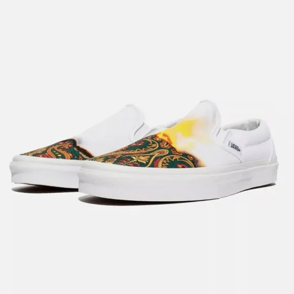 Vans Classic White Slip On Big Reveal Shoes Flame Fire Paisley New Womens 5.5