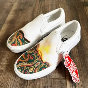 Vans Classic White Slip On Big Reveal Shoes Flame Fire Paisley New Womens 5.5