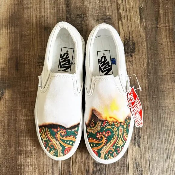 Vans Classic White Slip On Big Reveal Shoes Flame Fire Paisley New Womens 5.5