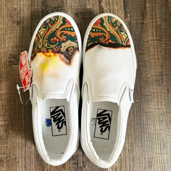 Vans Classic White Slip On Big Reveal Shoes Flame Fire Paisley New Womens 5.5