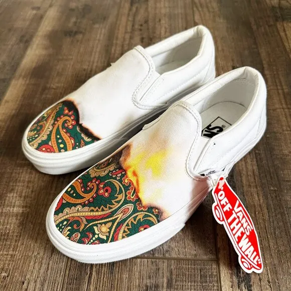 Vans Classic White Slip On Big Reveal Shoes Flame Fire Paisley New Womens 5.5