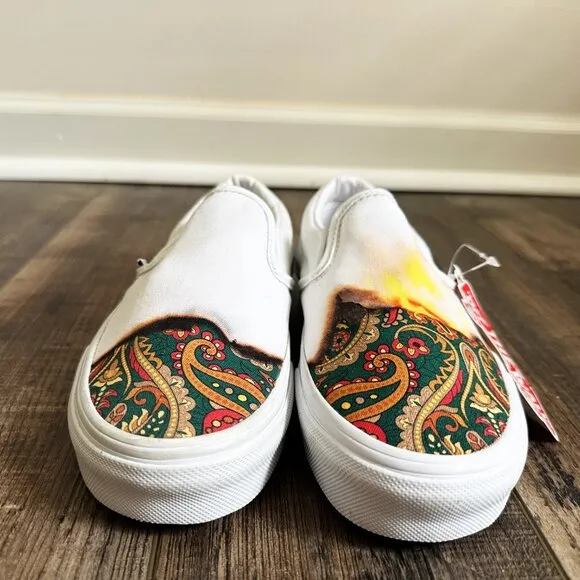 Vans Classic White Slip On Big Reveal Shoes Flame Fire Paisley New Womens 5.5