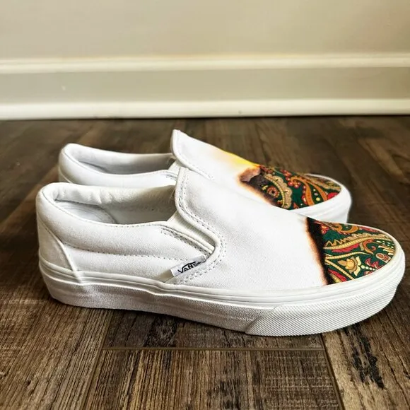 Vans Classic White Slip On Big Reveal Shoes Flame Fire Paisley New Womens 5.5