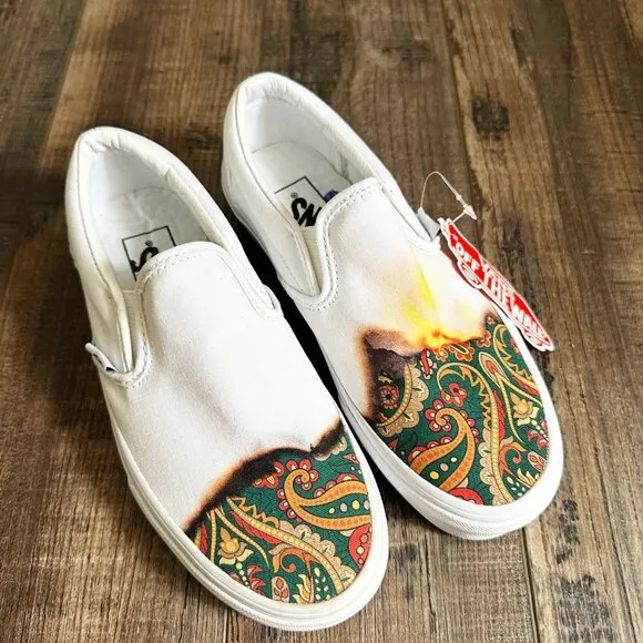 Vans Classic White Slip On Big Reveal Shoes Flame Fire Paisley New Womens 5.5