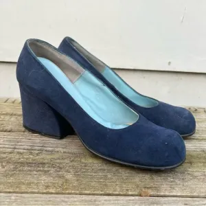 Vintage 60s Qualicraft navy blue suede velvet mod chunk heel round toe shoes