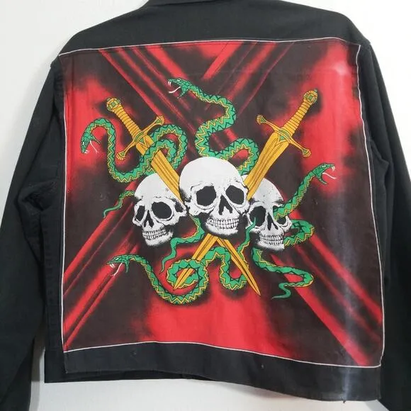 Vintage black denim jean jacket skull snake back