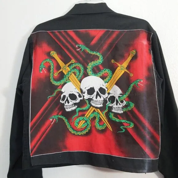 Vintage black denim jean jacket skull snake back