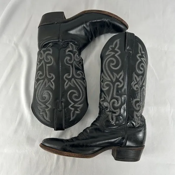 Vintage Justin Black Leather Embroidered Cowboy Boots