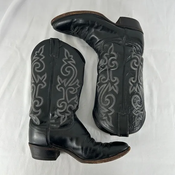 Vintage Justin Black Leather Embroidered Cowboy Boots