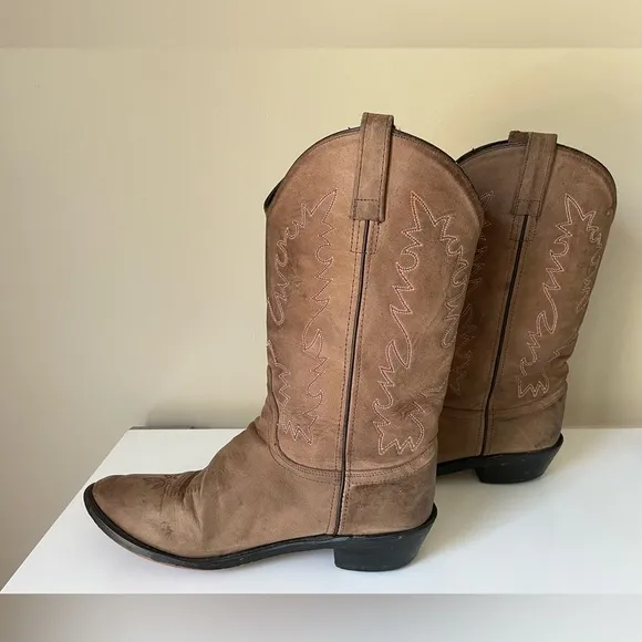 Vintage Leather Cowboy Boots Western Booties Brown Red Accent Size 10.5