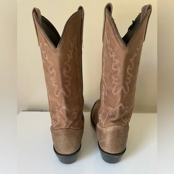 Vintage Leather Cowboy Boots Western Booties Brown Red Accent Size 10.5
